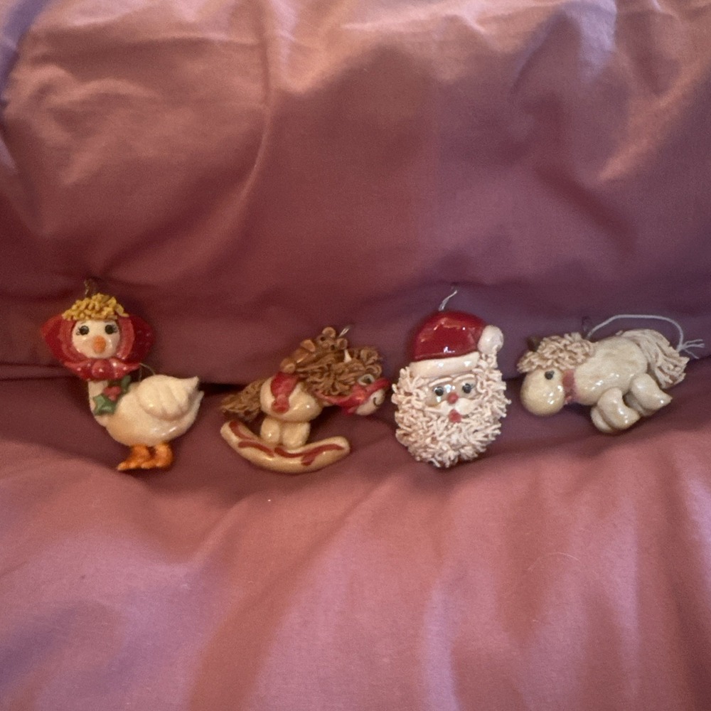 4 Vtg Salt Dough Polymer Christmas Ornaments Santa Goose Unicorn Rocking Horse